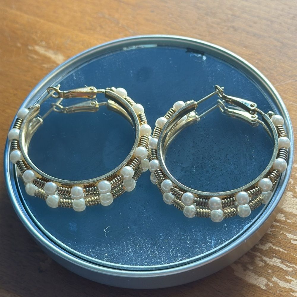 Large gold‎ tone wire wrapped & faux pearl hoop earrings